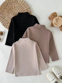 SHEIN Vintaside Kids 3件組女嬰高領內搭上衣 可愛黑色、棕色、米色 抓絨內裡 長袖假領 派對冬季秋季聖誕假期 羅紋款 - 彩色 - 查看 2