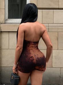 SHEIN SXY 鏤空露背掛脖連身緊身衣連身褲 - 棕色 - 查看 2
