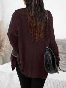 SHEIN LUNE 大尺碼女款純色秋季黑色針織開襟外套，附口袋，度假穿搭 - 咖啡棕 - 查看 2