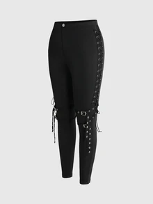 ROMWE Grunge Punk Dark Punk Motorcycle Heavy Duty Eyelet Webbing Tie Design High Elasticity Slim Fit Plus Size Cropped Pants - Black - View 1