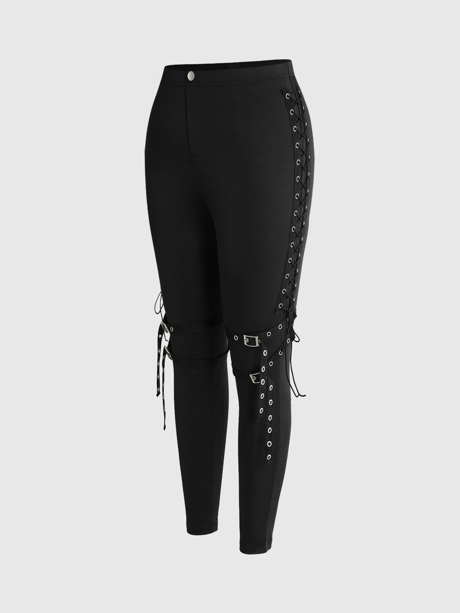 ROMWE Grunge Punk Dark Punk Motorcycle Heavy Duty Eyelet Webbing Tie Design High Elasticity Slim Fit Plus Size Cropped Pants - Black - View 1