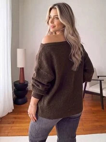 Ceyna كنزة صوفية نسائية بمقاس كبير مع إبزيم معدني وكتف غير متماثل وأكمام طويلة، خريف/شتاء - بني - مشاهدة 2