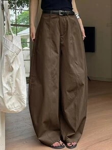 DAZY Solid Color Loose Harem Curved Leg Pants Casual Street Vacation Summer Women's Long Pants School - Brown - View 1