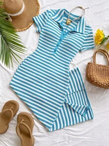Soleia New Casual Vacation Lapel Short Sleeve Colorblock Striped Long Dress - Multicolor - View 1