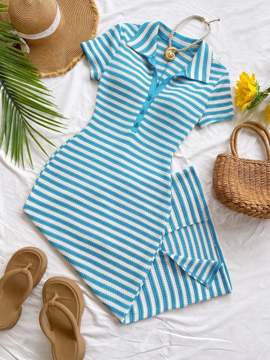 Soleia New Casual Vacation Lapel Short Sleeve Colorblock Striped Long Dress - Multicolor - View 1
