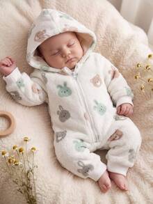 SHEIN Bộ romper có mũ cho trẻ sơ sinh, họa tiết thỏ hoạt hình, khóa kéo phía trước - Màu be - Xem 3
