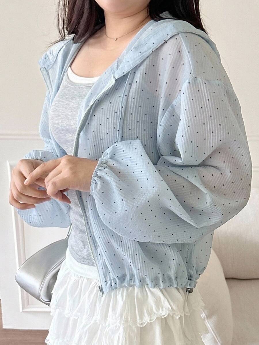 كارديجان بغطاء رأس بنقاط بولكا على الطراز الكوري، جاكيت كاجوال أزرق جديد للربيع/الخريف للفتيات - أزرق فاتح اللون - مشاهدة 1