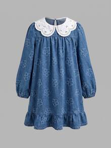 SHEIN Girls' Blue Denim Floral Tween Girl Kids Print Round Neck Long Sleeve Ruffle Hem Dress - Blue and White - View 4