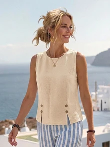 SHEIN LUNE Women's Versatile Solid Color Button Design Sleeveless Blouse Summer Vacation - Apricot - View 4