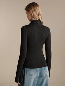 Anewsta Essential Autumn/Winter New High-Quality Standard Size Women's Design Ribbon Scarf High Neck Knitted Sweater, Slim Fit Flattering Versatile Long Sleeve Base Layer Top - Black - View 6