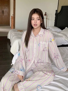 Dazy Plus 時尚可愛卡通印花全身花卉條紋寬鬆家居服 2 件套大尺碼女款 春/秋睡衣套裝 - 粉色 - 查看 2