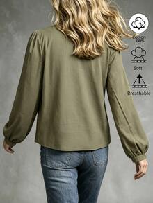 Louniche Square Neck Half Button Puff Long Sleeve Cotton Fall Winter Casual Blouse - Army Green - View 2