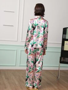 Chillnights Women's Vacation Botanical Leopard Print Satin Lapel Long Sleeve Long Pants Pajama Set - Multicolor - View 2