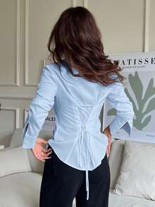 SHEIN EZwear 100%純棉淺天藍色女款休閒百搭款前開扣後收腰修身長袖襯衫，適合秋冬穿著 - 淺藍色 - 查看 7