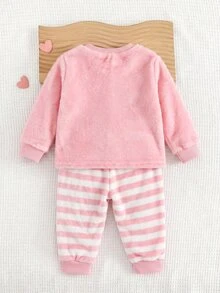 SHEIN 女嬰秋冬企鵝圖案蝴蝶結飾品可愛法蘭絨舒適保暖家居服適合各種休閒場合 - 粉色 - 查看 2