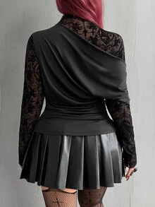 Whyspr Plus Size Long Sleeve Gothic Halloween Lace Patchwork Sexy T-Shirt - Black - View 6