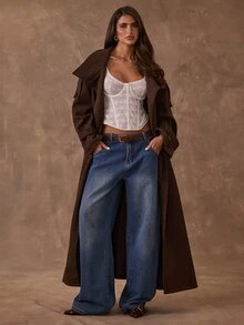 SHEIN BAE Solid Color Casual Style Stand Collar Tie Double-Breasted Premium Versatile Loose Fit Commuter Daily Long Overcoat - Coffee Brown - View 3