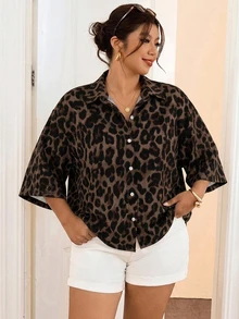 Lounesse Brown Leopard Print Plus Size Shirt Suitable For Office Commute - Multicolor - View 6