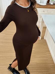 SHEIN Maternity Autumn Casual Side Slit Fitted Dress - Brown - View 8
