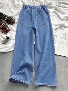 SHEIN 青少年女孩蝴蝶結刺繡圖案藍色牛仔寬鬆長褲 - 藍色 - 查看 6