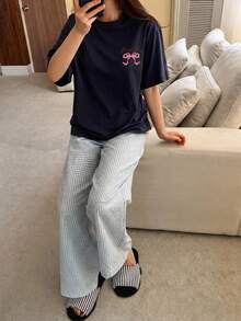 DAZY 2pcs Bow Pattern Loose Short Sleeve T-Shirt & Straight Leg Striped Pajama Pants Summer Outfit Women's Sleepwear Set Fall - Multicolor - View 7