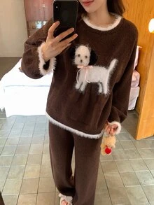 DAZY Happy Puppy Pattern Contrast Color Loose Knit 2-Piece Pajama Set For Women, Autumn/Winter - Coffee Brown - View 9