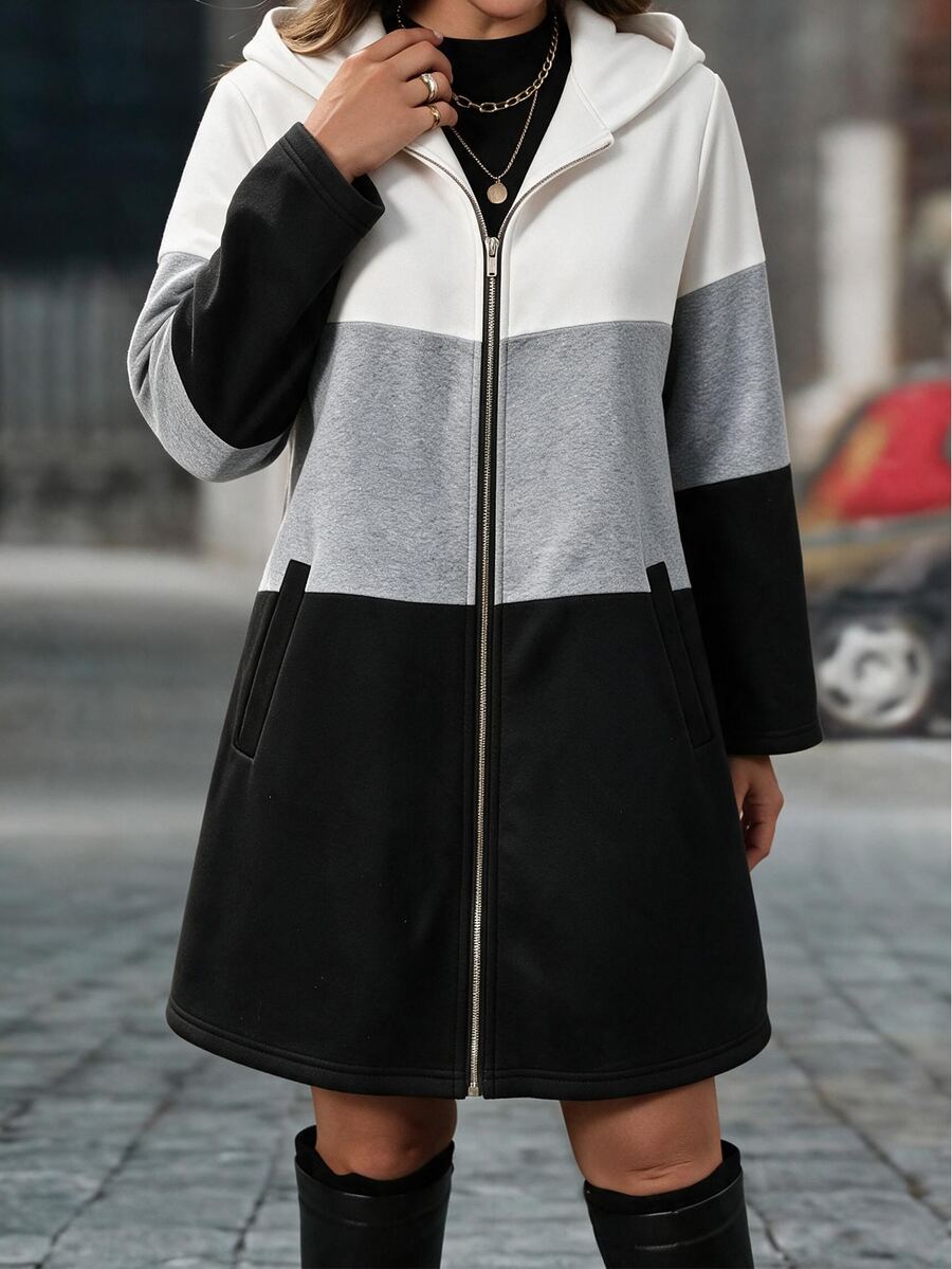 EMERY ROSE Plus Size Women's Elegant Hooded Mid-Length Jacket, Multi-Color Contrast Design, Slimming Minimalist Cut With Multi-Functional Pockets, Suitable For Daily Wear, Commuting, Dating And Gatherings - Multicolor - View 1
