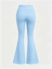 SHEIN Girlism 青少年女孩純色休閒百搭日常穿著喇叭褲 - 藍色 - 查看 2
