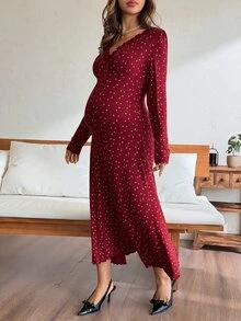 DAZY Floral Print Ruched Ruffle Trim Fitted Elastic Long Sleeve V-Neck Casual Vacation Sexy Home Daily Spring Autumn Maternity Dress - Red - View 1