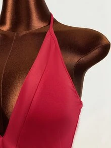 Mistrie Women's Halter Neck Deep V-Neck Solid Color Sexy Dress - Red - View 8