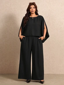 Elaquor Plus Size Solid Color Cape Sleeve Top Pants 2 Pieces Set Brunch Formal Party Black Autumn Elegant Office Business Work Fall/Winter - Black - View 5