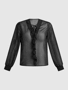 Trelyra Áo blouse nữ nửa xuyên thấu họa tiết chấm bi đen trắng phối bèo, phong cách gợi cảm đi chơi mùa thu - màu đen - Xem 3