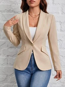 SHEIN PETITE 秋冬通勤穿搭 綠色水果領單扣黑色西裝外套 - 卡其色 - 查看 8