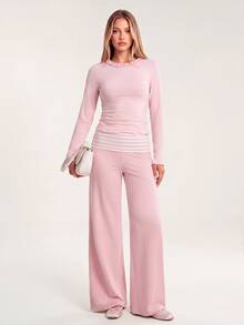 Avantive Women's Sweet Frill Trim Top And Striped Colorblock Pants 2 Pieces Set - Pink - View 1