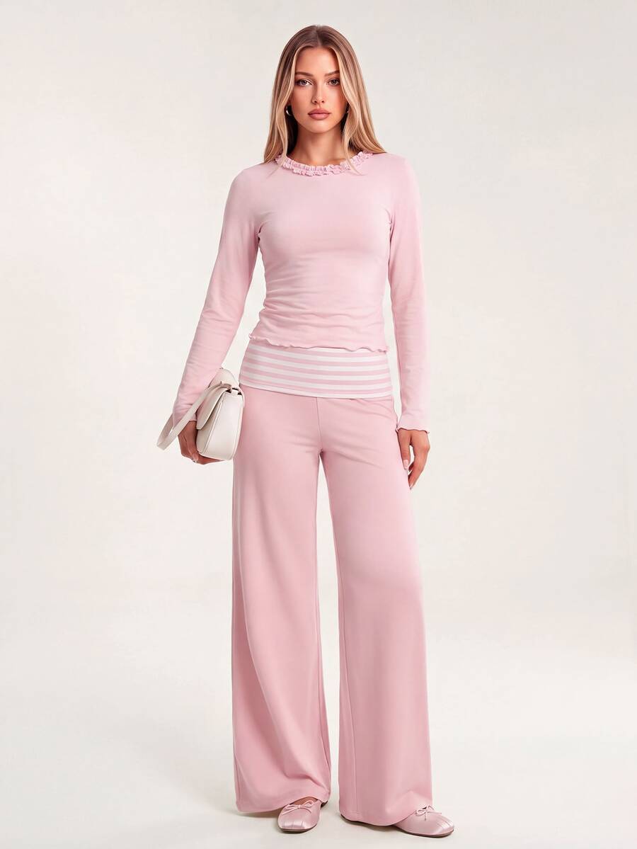 Avantive Women's Sweet Frill Trim Top And Striped Colorblock Pants 2 Pieces Set - Pink - View 1