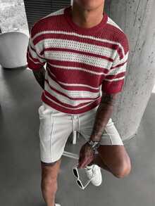 Manfinity Roughcore Men's Striped Crew Neck Short Sleeve Hollow Out Casual Knit Top - Red - View 1