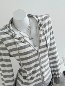 INAWLY European Women's Casual Hooded Grey Striped Knit Cardigan, Spring High Waist Short Jacket, Long Sleeve - Grey - View 3