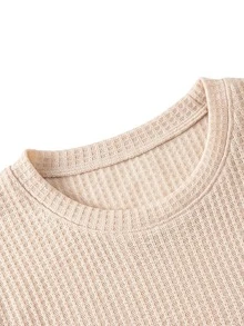 TaskEZ Apricot Long Sleeve Round Neck Elastic Waffle Knit Textured Inner Layer Top With Pockets, Comfortable Convenient Practical Minimalist Scrub Top - Apricot - View 5