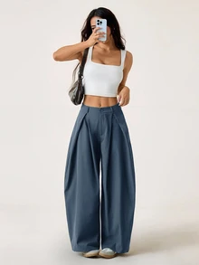SHEIN PETITE 女款夏季復古休閒街頭風大尺寸軍綠色圓弧下擺長褲 - 霧霾藍 - 查看 6