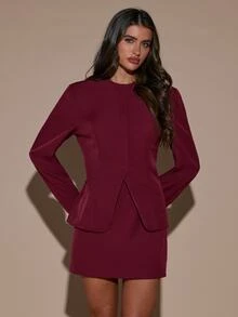 SHEIN BAE Women's Solid Color Round Neck Long Sleeve Jacket And Skirt Elegant Suit Set - Burgundy - View 6
