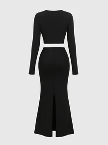 Sweetra Women's 2 Pieces Set Metal Buckle Deep V-Neck Top And Long Skirt, Elegant Vacation Style - Black - View 2