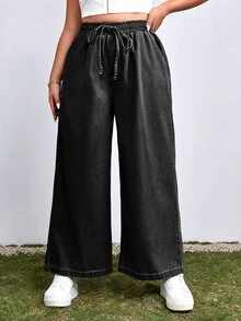 SHEIN EZwear 大尺碼女款抽繩腰休閒日常穿著牛仔褲 - 黑色 - 查看 1