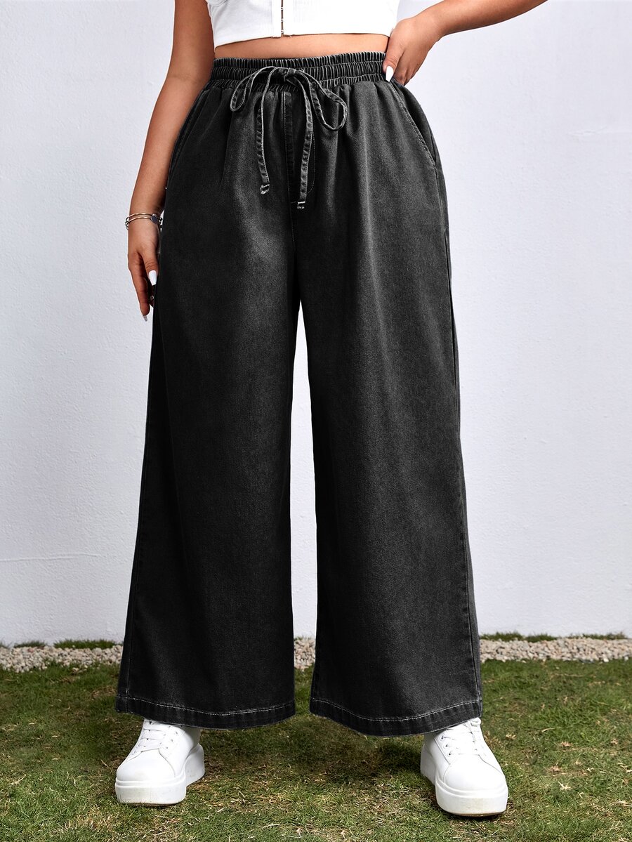 SHEIN EZwear 大尺碼女款抽繩腰休閒日常穿著牛仔褲 - 黑色 - 查看 1