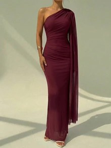 Aloruh One Shoulder Ruched Bust And Waist Romantic Elegant Drape Neck Fitted Mermaid Long Dress - Burgundy - View 7