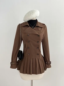 Elamini Women's Coffee Brown Double-Breasted Pleated Hem Trench Coat - Coffee Brown - View 1