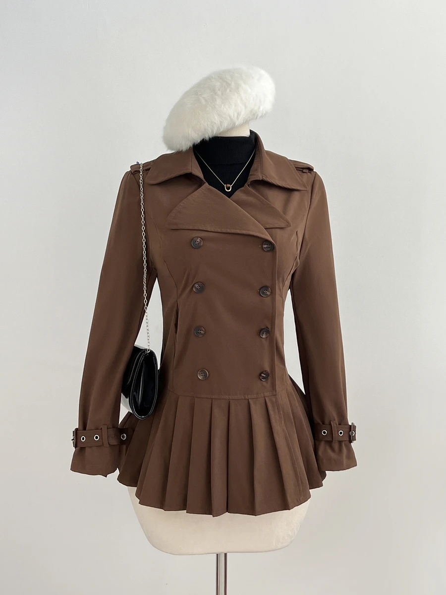 Elamini Women's Coffee Brown Double-Breasted Pleated Hem Trench Coat - Coffee Brown - View 1