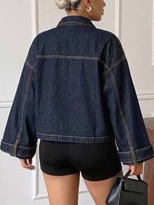 Dazy Plus Autumn Loose Fit Batwing Sleeve Denim Jacket With Turn-Down Collar, Contrast Stitching And Pocket, Casual Commute Streetwear Outerwear - Dark Wash - View 2