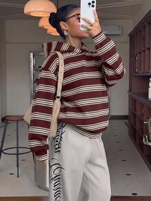 Muchica 條紋連帽紅色女款運動衫，休閒極簡日常百搭，約會出遊穿搭，女款秋季服飾，秋季穿搭，女款通勤穿搭，百搭上衣，出遊穿搭，機場穿搭 - 彩色 - 查看 5