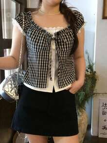 Dazy Plus Plaid Korean Style 2 In 1 Short Sleeve Blouse For Girls - Black and White - View 3