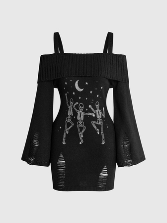 ROMWE Avant Women's Spaghetti Strap Knit Dress, Christmas Dark Vintage Style, Holiday Atmosphere,Halloween
